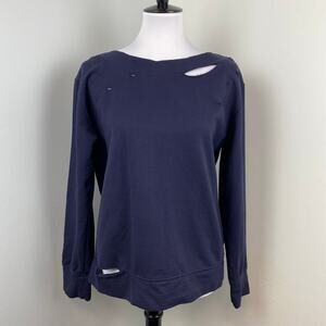 Sam Edelman Navy Distressed  Ripped Boatneck Long Sleeve Sweatshirt Medium